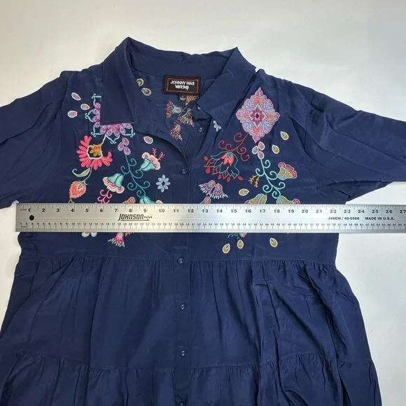 Johnny Was Alesa Tiered Embroidered Silk Navy Blue Tunic. Size L. Like New! - Picture 8 of 14